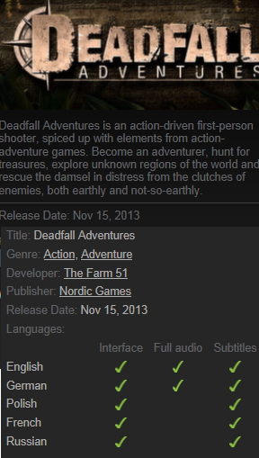 Deadfall Adventures Steam - Click Image to Close