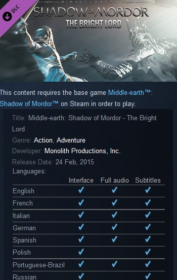 Middle-earth: Shadow of Mordor - The Bright Lord Steam - Click Image to Close